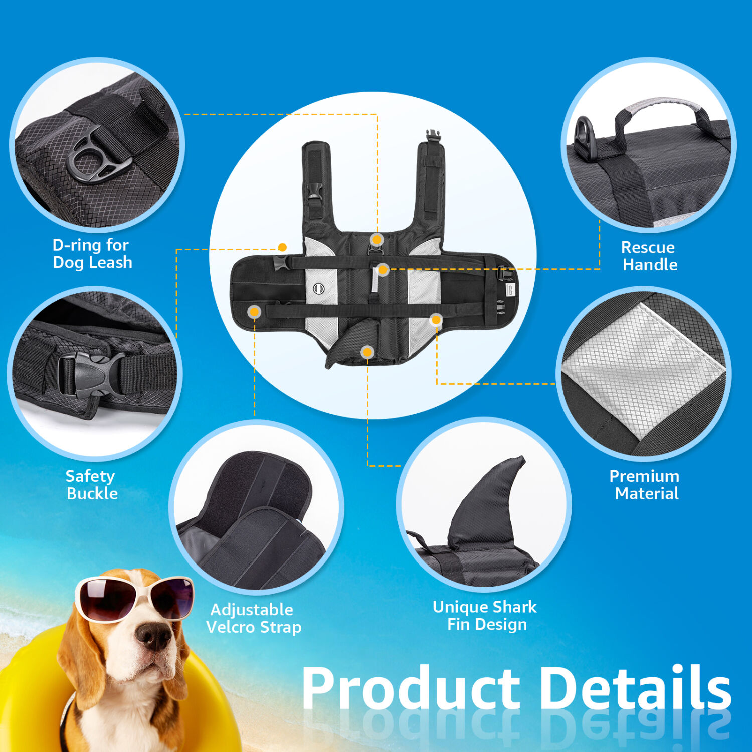 Nobleza - Chaleco Salvavidas para Perros con Aleta De Tibur&oacute;N， Flotador Perro con Tiras Reflectantes， Chaleco de Nataci&oacute;n para Perro con Asa y Alta Flotabilidad para Nadar， Surf， Navegar， Gris(XL), , large Imagen numero 3